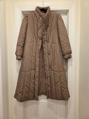 Womens Long Quilted Puffer Coat in Taupe